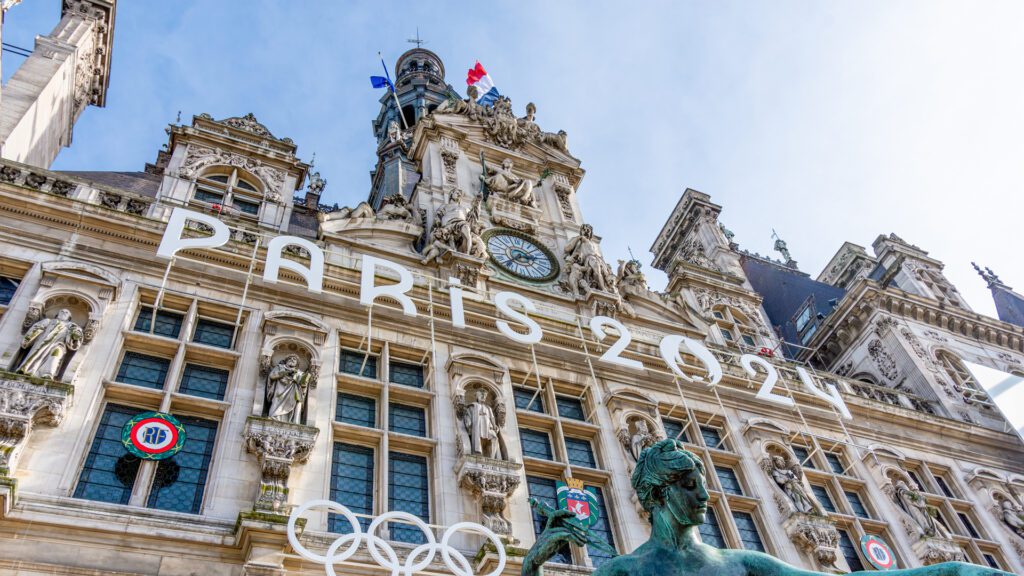 A building decorated for the Paris Olympics